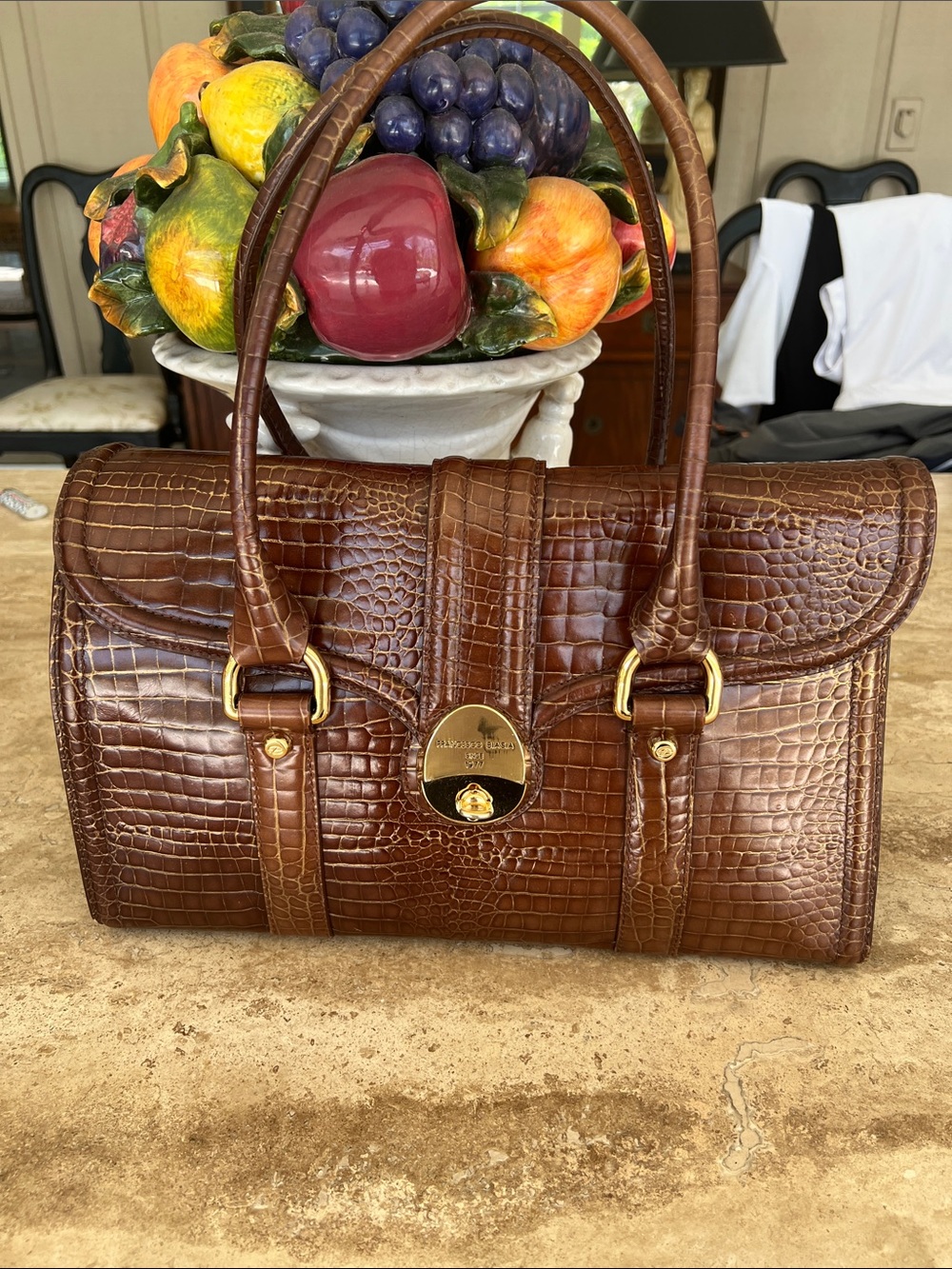 Vintage Francesco Biasia Croc-Embossed Brown Satchel with Gold Hardware